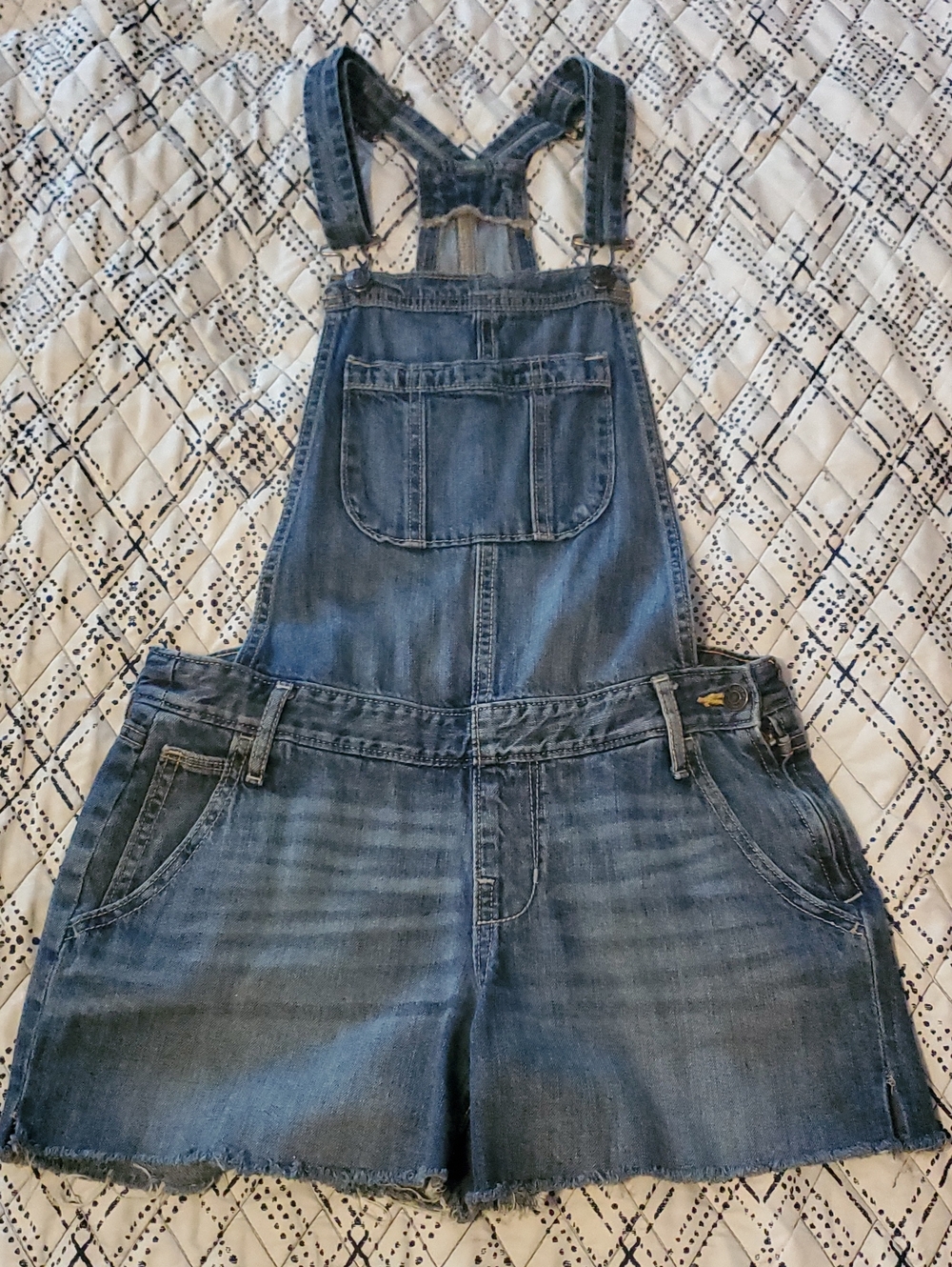 Blue Denim Raw Hem Short Overalls